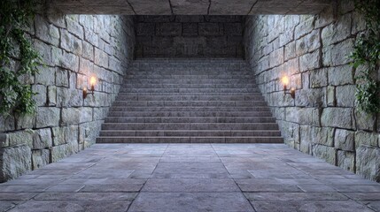 Medieval Stone Staircase with Torchlight in Dark Castle Dungeon Interior