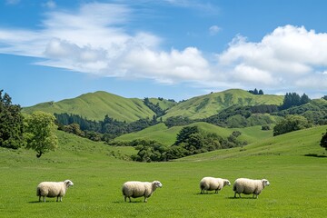 Obraz premium Serene Landscape with Lush Greenery and Vibrant Flowers Under a Clear Blue Sky in Nature's Embrace