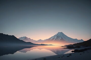 mountains are reflected in the water of a lake at sunset