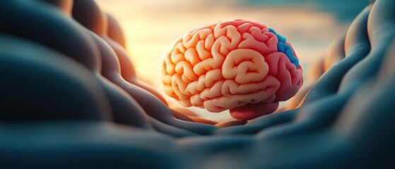 A brain positioned at the center of a futuristic dark maze, symbolizing advanced cognition and the complexity of thought in a technologically driven world. 