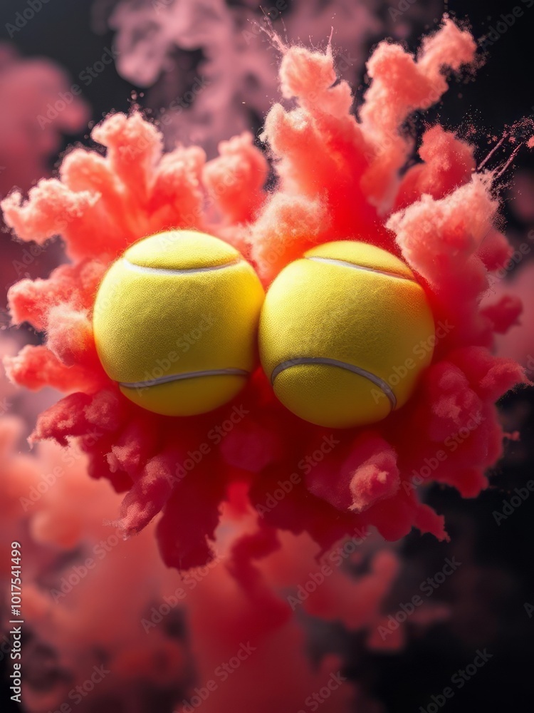 Wall mural tennis balls forming a heart on a vibrant abstract dust backdrop smoke explosion backdrop