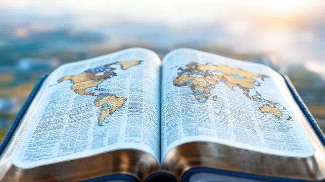 Open Bible with World Map   Global Christian Mission Concept