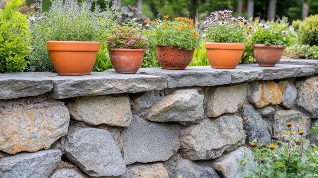 Horizontal picture of a retaining wall with capstone ledges wide enough to hold terra cotta containers of herbs and flowers