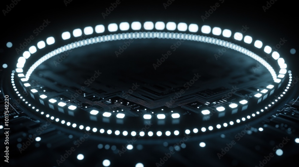 Poster abstract representation of a circuit board with glowing elements.