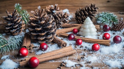 A crisp winter scene of pinecones, cinnamon sticks, and cranberries scattered across a snow-dusted wooden table.