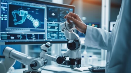 Precision Perfection Expert Medical Engineer Finetuning Robotic Surgery Arm Software in HighTech Lab