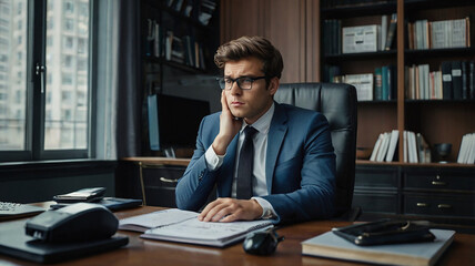 A young, successful professional in a lavish office reclines in his revolving chair, appearing tired and stressed. His expression reveals deep frustration as he mentally battles a storm of unresolved 