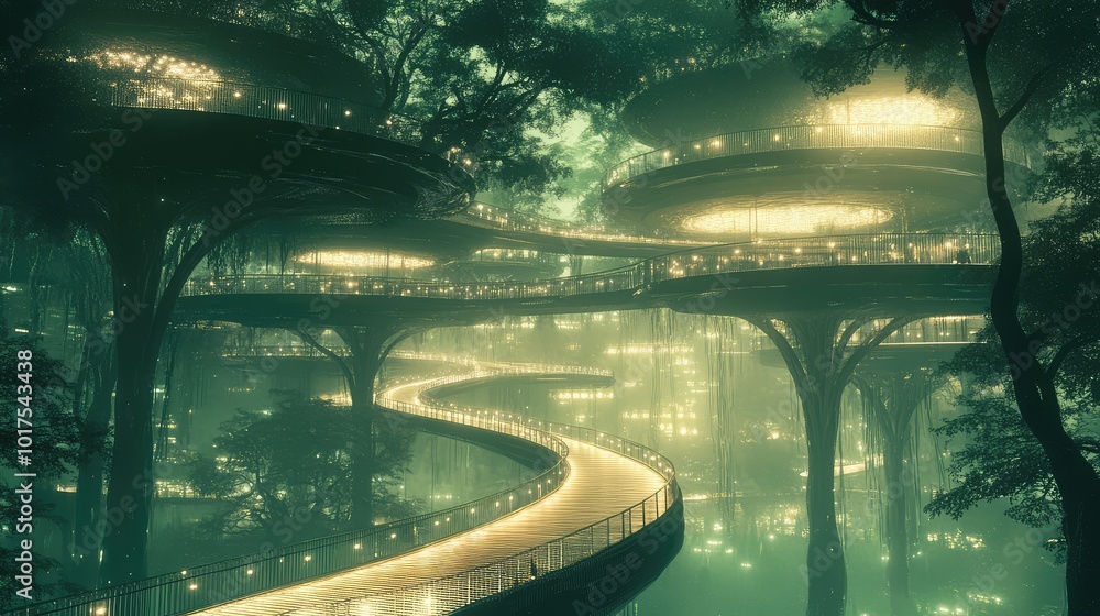 Aufkleber a vast network of floating walkways above a glowing forest, with soft light illuminating the paths b