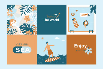 Summer design for season postcard or poster background. I need vitamin sea, travel agency. Exotic beach with sun, sand and various people. Set of banners, cards template.