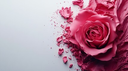 A single rose with scattered petals, romantic element, hyperrealistic 3D illustration, soft pink hues, isolated on white background