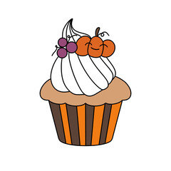 A cupcake with a white frosting and orange and brown stripes