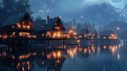 A village built on stilts over a calm, reflective lake, with softly glowing lights illuminating the water below.