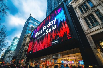 Digital Billboard with Sale Info: A giant digital billboard outside a store, displaying a "Black Friday Sale" announcement with animated price drops.