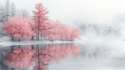 Serene Blooming Cherry Blossoms by Misty Water