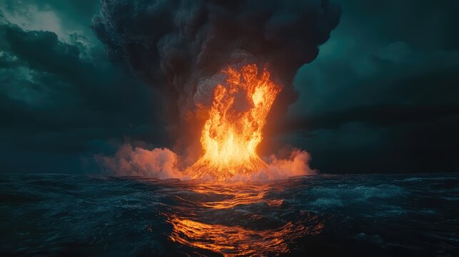 An underwater volcano, erupting with glowing lava and surrounded by dark ocean waters, illuminated by its fiery glow.