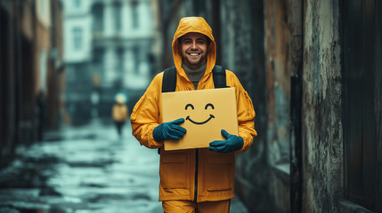 Delivering Smiles, a conceptual image of a postal worker delivering letters with smiley faces, symbolizing the joy of receiving mail, with copy space, World Post Day