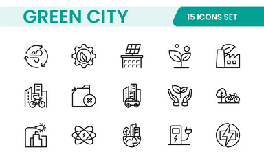 Line icons about green city. Sustainable development. Contains such icons as renewable energy, autonomous building, air and water quality.
