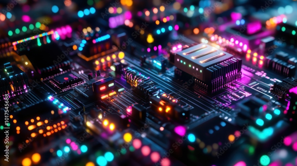Poster a vibrant close-up of a circuit board with illuminated components.