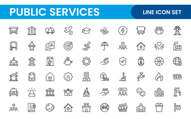 Set of outline Public Services icons. Minimalist thin linear web icon set. Line icons related to public utilities. Gas, electricity, water, heating.