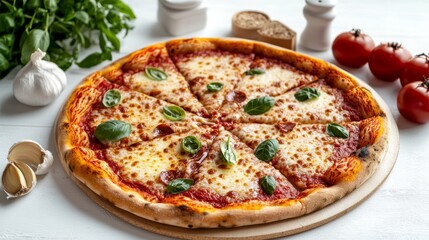 Pizza margherita with a set of ingredients on a white isolated background