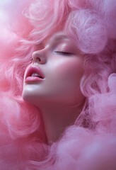 Young woman with a cloud-like hairstyle posing in a fashion-forward artistic portrait