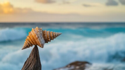 A conch shell balanced on a pointed piece of driftwood, with the ocean waves softly blurred in the background, creating a serene seaside ambiance.