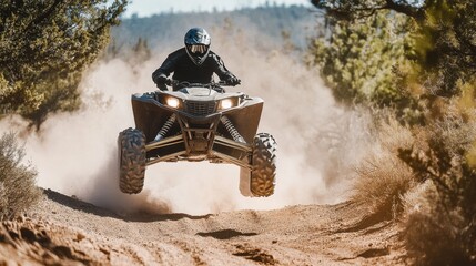 An ATV vehicle in mid-jump on a dusty off-road trail showcasing thrilling outdoor adventure and extreme sport