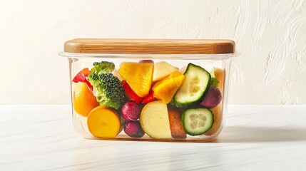 A translucent glass food container with wooden cap with fruit and veggies inside it on a white and cream background