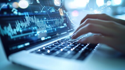A close-up of a hand typing on a laptop with digital graphs and data overlay.