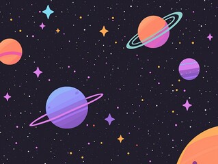 Vibrant Flat Design Space Scene with Colorful Planets and Stars in Cosmic Galaxy