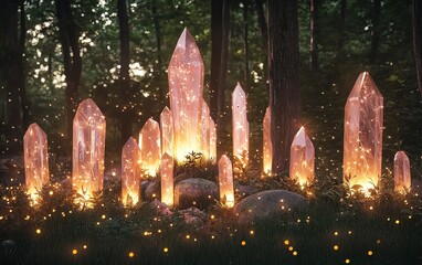 a serene night scene where glowing crystals are surrounded by dancing fireflies, creating an enchanting atmosphere