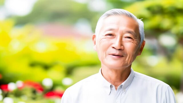 明るい公園の中で笑顔で話すシニアのアジア人男性