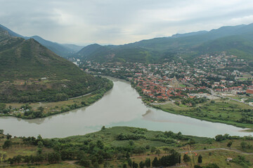 View From Jvari Monastery. River Mtkvari Meets the River Aragvi from Khazbegi