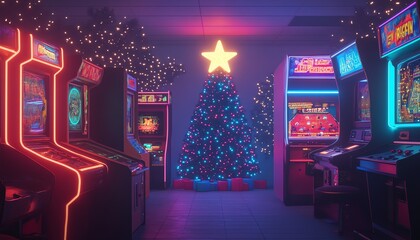 A colorful arcade scene featuring retro machines and a beautifully lit Christmas tree, perfect for gaming enthusiasts.