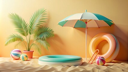 Obraz premium Summer Vacation Abstract Display with Umbrella and Inflatable Ring on Pastel Beach Background for Seasonal Promotions