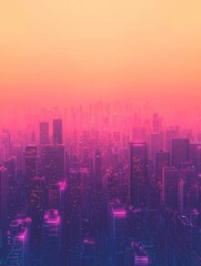 Fototapeta premium Vibrant Cityscape at Dusk with Skyscrapers and Neon Lights in Minimalist Gradient Design