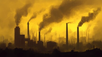 Obraz premium Smoke Rising from Industrial Pipes in Foggy Urban Landscape at Dawn