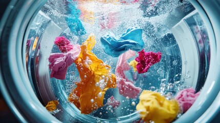 Washing machine door open with colorful clothes floating underwater surrounded by bubbles and fresh splashes
