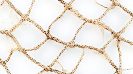 Torn football or tennis net rope mesh on a white background close up