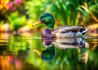 Obraz premium Tilt-Shift Photography of Mule Duck Hybrid from Muscovy and Mallard in a Lush Pond Setting