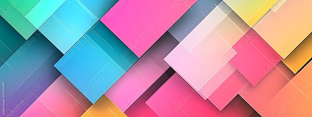 Poster colorful geometric background banner with overlapping squares and rectangles in various shades of pi