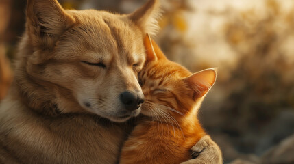Fototapeta premium cat and dog giving a hug