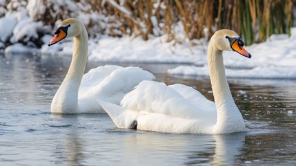 Obraz premium Swans swimming in a pond during winter