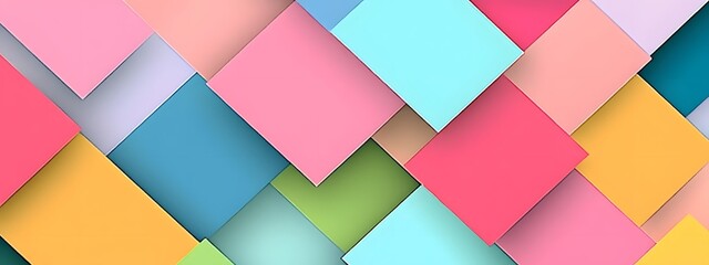 Colorful geometric background banner with overlapping squares and rectangles in various shades of pink, blue, green and yellow, generative ai