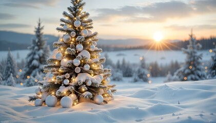 Winter landscape background. New Year background, wallpaper. Decorated New Year tree with balls and sparkling garland. Christmas and celebration