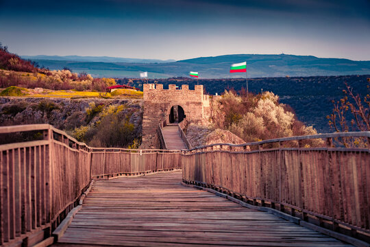 Provadia, Bulgaria - 16.04.2021. Wonderful evening view of Ovech Fortress. Spring cityscape of Provadia town, located in a deep karst gorge along the Provadiya River, Bulgaria, Europe.