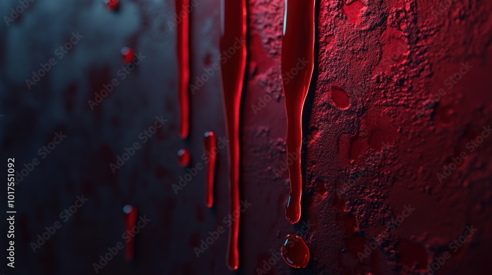 Poster close-up of red liquid dripping down a textured surface, creating a dramatic effect.