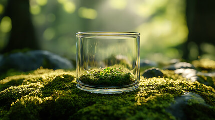 A glass jar containing a small plant sits on a bed of moss in a forest setting, surrounded by soft, green foliage.