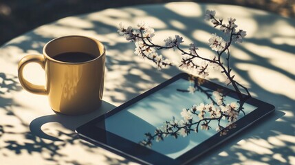 A coffee mug sitting next to a digital tablet, both casting shadows that merge into the shape of a tree with blooming branches, representing the integration of work and life.