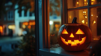 A pumpkin with a smiley face on it sits on a windowsill